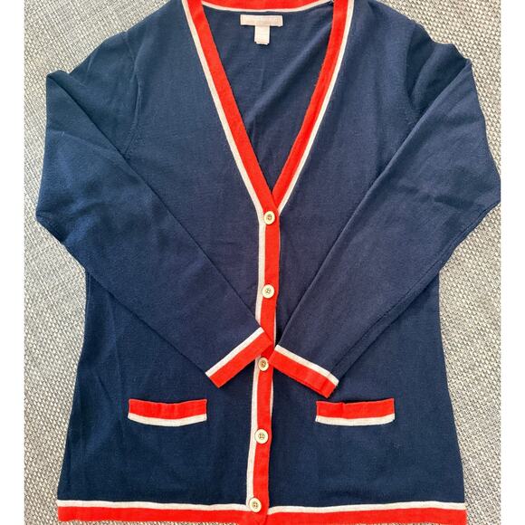 Banana Republic Dresses & Skirts - BANANA REPUBLIC Cotton Tipped V-neck Cardigan Sweater XL Navy/Orange/Gray Preppy